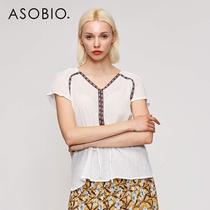 Asobio womens shirt Womens commuter ethnic style students cotton V-collar short sleeve shoulder sleeve shirt womens autumn clothes