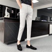 Rich bird summer vertical striped casual trousers mens slim Korean version of the British mens trend nine points small feet long pants