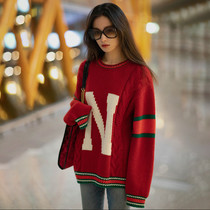 Ni Ni star with red sweater early autumn loose lazy wind pullover round neck letter knitted base shirt