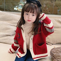 Girl Knit Cardiovert 2020 Spring Autumn New Children Autumn Clothing Nets Red Baby V Collar Sweater Girl Foreign Air Jacket