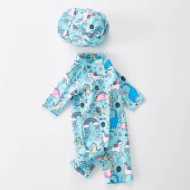 Boys swimsuit childrens mid-sleeve sunscreen swimsuit new cartoon dinosaur Baby Beach swimsuit with sunscreen cap