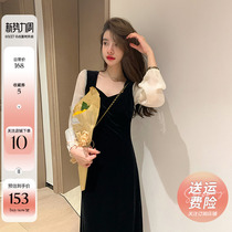 Autumn and winter French black gold velvet dress female Hepburn collects thin and gentle temperament and recuperate long skirt
