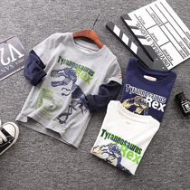 Boy fake two-piece long sleeve t-sleeve spring and autumn children Dinosaur Leisure long-sleeved base shirt Zhongda pure cotton T-shirt