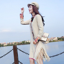 Two people story ethnic style embroidered tourism female irregular tassel long sleeve bottom dress high collar QZ0363