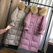 2021 Winter new Korean version of the thousand bird grid long down jacket women loose fashion plaid down jacket over the knee jacket