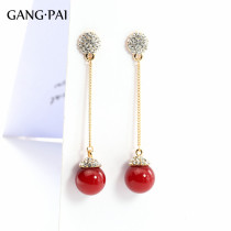 Red earrings 2021 New Tide imitation pearl earrings female temperament long Chinese New Year ears red without ear hole ear clip