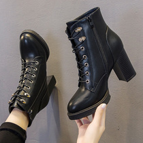 Martin booties womens British 2021 new autumn and winter wild middle-heel thick-heeled high-heeled womens shoes plus velvet cotton shoes fashion