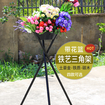 With blue Wrought iron triangle flower stand opening flower basket three fork iron frame tripod Flower shop supplies diy flower plug material