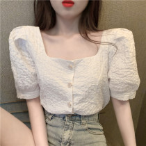 Summer 2020 new French temperament Net red fold square collar jacket short sleeve foreign style fashion bubble sleeve shirt Women