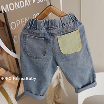 Contrast pocket velvet jeans Korean baby childrens clothing autumn and winter new mens and womens childrens casual radish pants