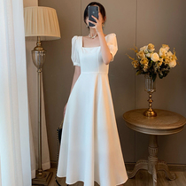 Dress female 2021 summer new Hepburn style French square collar high waist temperament slim body thin bubble sleeve long skirt