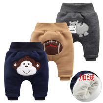 Baby pants female baby high waist belly pants plus velvet pants thickened autumn and winter big pp pants mens winter cotton pants