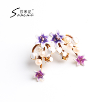 sumni Enamel drop glaze 18K gold 925 silver Fuchsia flowers artificial pearl stud earrings ring decoration