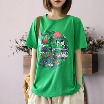 Han Soyi Retro Art Printed Short Sleeve T-Shirt Woman 2021 New Korean version Loose Wins and Thin Jacket
