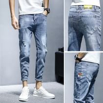 Autumn and winter light color jeans mens Tide brand slim 9 points Korean trend hole small foot ankle-length pants man