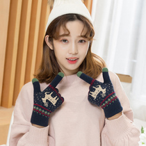 Korean cute double layer thick deer gloves female winter knitted five-finger touch screen wool warm student car gloves