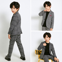 Spring and autumn childrens suit set flower boy boy handsome plaid suit elastic pants dress handsome British coat