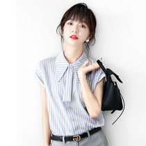 Japanese streamer collar striped bright silk shirt womens 2021 summer new all-match workplace small pointed collar short-sleeved top thin