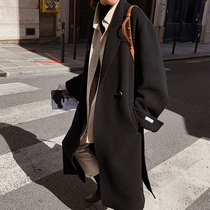 Sandro Svpr black double-sided cashmere coat 2021 autumn and winter New Hepburn Wind long woolen coat