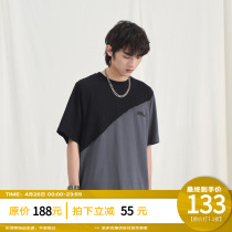 PCLP Black Ash Skew Splicing Short Sleeve Summer National Tide Card Trendy Loose Round Collar Half Sleeve T Shirt