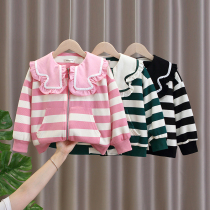 Girl coat autumn suit 2022 new foreign air Korean striped top child fashionable doll collar shawl jacket