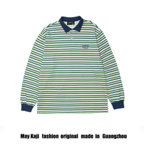 Japanese retro color matching stripe embroidery long sleeve polo shirt mens Tide brand Japanese Street bf wind loose couple sweater