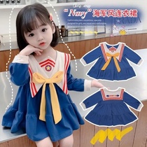 Girl spring new 2021 navy collar college style female baby long sleeve dress little girl childrens cake skirt