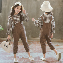 Girls  autumn bib pants set 2021 new Western style fashionable childrens middle and large princess casual girl loose