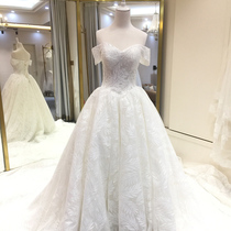 Main wedding dress 2021 new bridal tail heavy industry princess fantasy thin one-word shoulder starlight cover thick arm