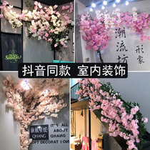 Cherry Blossom Tree Emulation Tree Wedding Celebration Peach Blossom Living Room Indoor Ceiling Wall Pipe Decoration Plastic Mesh Red Fake Flowers Vines