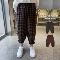 Boy cotton linen grid pants 2022 spring autumn new CUHK Tong Harun pants children casual long pants Korean version of the ocean