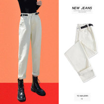 Tide brand plus velvet 2020 Autumn and Winter new womens pants high waist loose pipe straight tube beige daddy white jeans