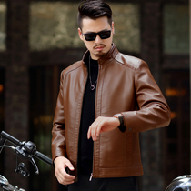 Middle-aged mens leather stand-up collar short leather jacket sheepskin jacket 2020 spring and autumn new pure leather jacket