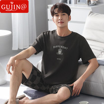 Gujin@Pajamas Mens Summer Thin Cotton Short-sleeved Shorts Set Youth Large Size Loose Homewear All Cotton