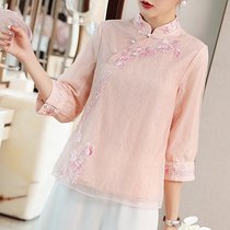 Zen womens clothing 2021 autumn new embroidered Chinese style cheongsam top improved Hanfu Chinese Tang dress tea art dress