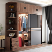 Wardrobe Household small household Nordic wardrobe Simple glass sliding door Walnut color cabinet Bedroom sliding door wardrobe
