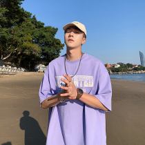 Pure cotton low-key simple short-sleeved T-shirt mens tide Hong Kong style loose five-point sleeve T-shirt tide brand 2021 new half-sleeve