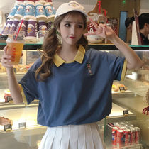 Korean version of Harajuku bf wind embroidery polo shirt T-shirt women lapel loose and wild short-sleeved mid-sleeve top female student tide