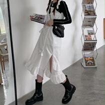 Two single pieces suit Korean wind chic autumn new plucked strap design sensation 100 hitch long style lotus leaf side suspension with skirt