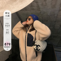 CC Leather Grass Neighbor School Brother-in-law Tandem Cap Splicing Grain Sheen Cut Leather Grass Coat Grass Big Coat Girl Coat Winter Length Money