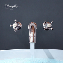 Butterfly pottery bathroom full copper three-hole into the wall basin faucet hole distance adjustable all copper chrome plated gold-plated export British model