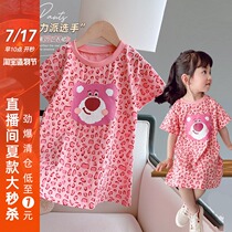 GIRLS SUMMER CLOTHES CARTOON BAO WEN BEAR PRINT SHORT-SLEEVED MEDIUM-LONG BASE SHIRT T-SHIRT DRESS 2021 Korean VERSION OF THE NEW