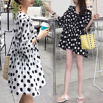 Pregnant Woman Summer Clothing Dress Dress Medium Long Blouses Loose Korean Version Polo Dot Lotus Leaf Side V Lead Gestation Woman Dress Summer Dress