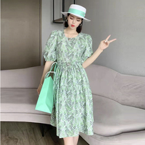 Cotton Ramie temperament bubble sleeve floral dress women 2021 summer new waist slim little Platycodon grandiflorum skirt