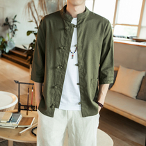 Chinese style 5 Half sleeve linen shirt men ethnic style 7 seven points short sleeve shirt cotton linen mid sleeve retro Tang
