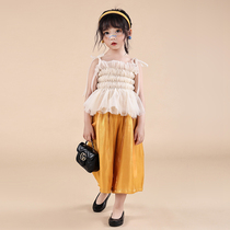 Childrens clothing girls suit summer 2021 new female baby Korean fashion mesh suspender Western style wide-leg pants two-piece set
