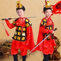 Chinese Wind Children Show on New Years Day in Armor and Armor Ancient Soldiers General Military Terracotta Military Castle Mulan Poem