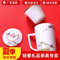 Personal office water cup 999 silver liner Blue and white porcelain tea cup with lid with filter tea water separation mug