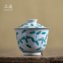 Three times Jingdezhen blue and white hand-painted cover bowl Teacup Ceramic Kung Fu tea set large household three-cai bowl tea cup