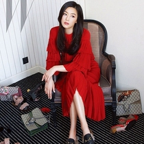 Spring women 2019 new socialite retro pleated flared sleeves autumn and winter bottoming red dress dress mid-length dress